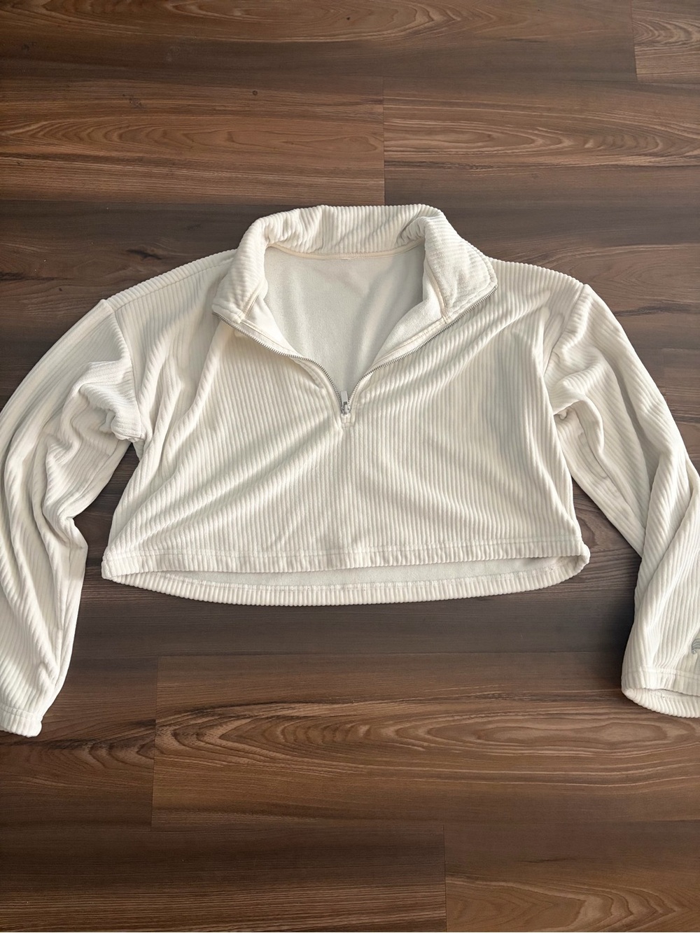 Fabletics Cropped Corduroy Quarter-Zip Ribbed Pullover - Cream